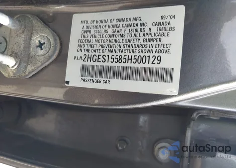 2005 Honda Civic Lx from USA, damaged, VIN 2HGES15585H500129